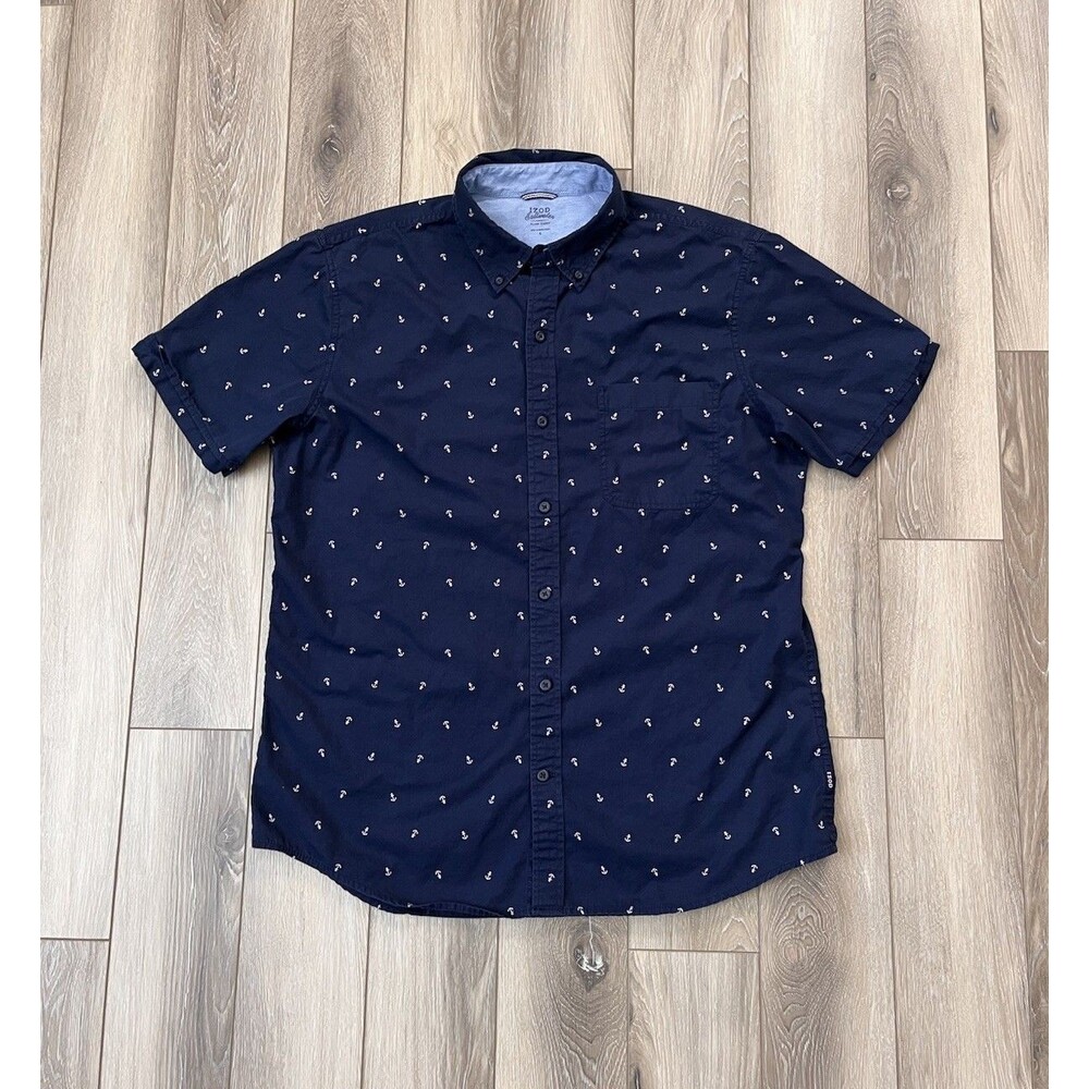 IZOD Saltwater Relaxed Classics Button Down Short Sleeve Anchor Shirt Mens Sz L